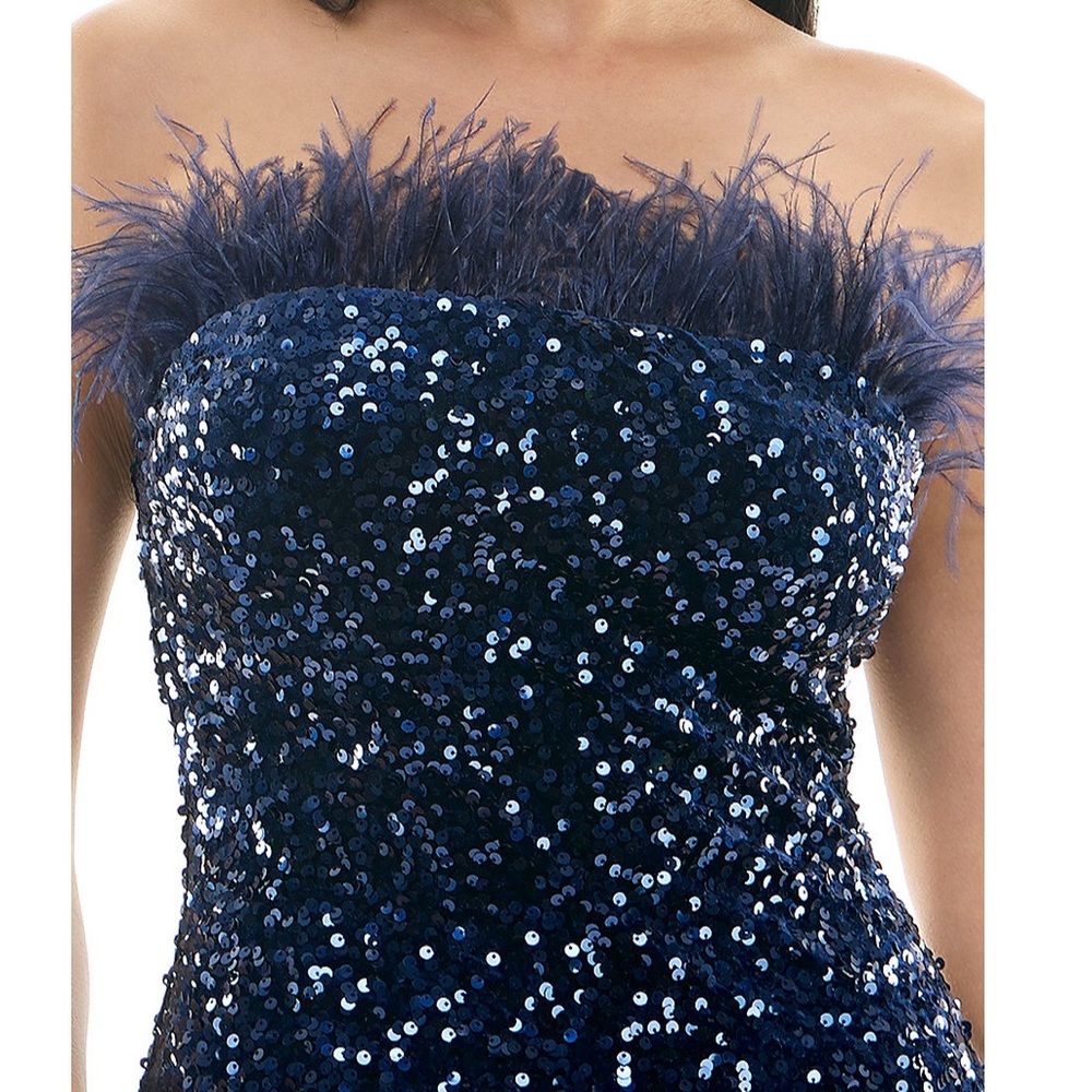 B Darlin Navy Strapless Feather-Trim Sequinned Bodycon Mini Dress